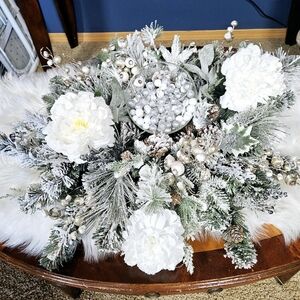 Frosted Winter Centerpiece with White Peonies, Pinecones & Silver Ornaments